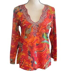 NWT RAGA Anthropologie Colorful Beaded Tropical Print Tunic Shirt Blouse Women M